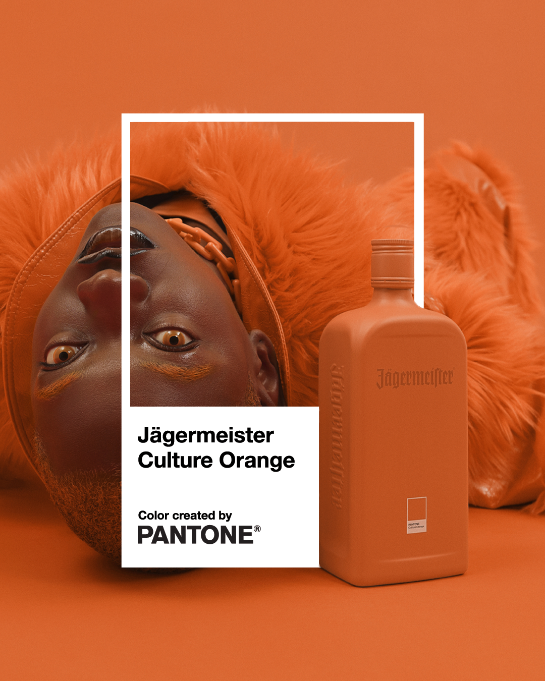 A bottle of Jägermeister liquor in a warm orange color, shown next to a white graphic frame with text reading 'Jägermeister Culture Orange' and 'Color created by PANTONE'. A model with a matching orange headwrap is partially visible in the background.