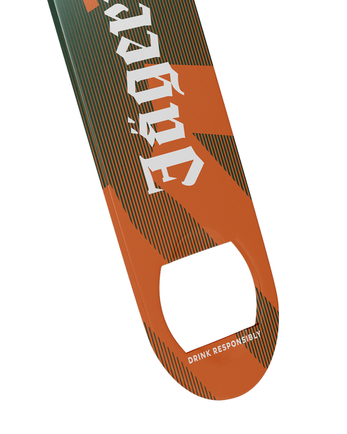 Close-up of the Jägermeister bottle opener with orange grip end, striped design, white Jägermeister logo, and "Drink Responsibly" lettering.