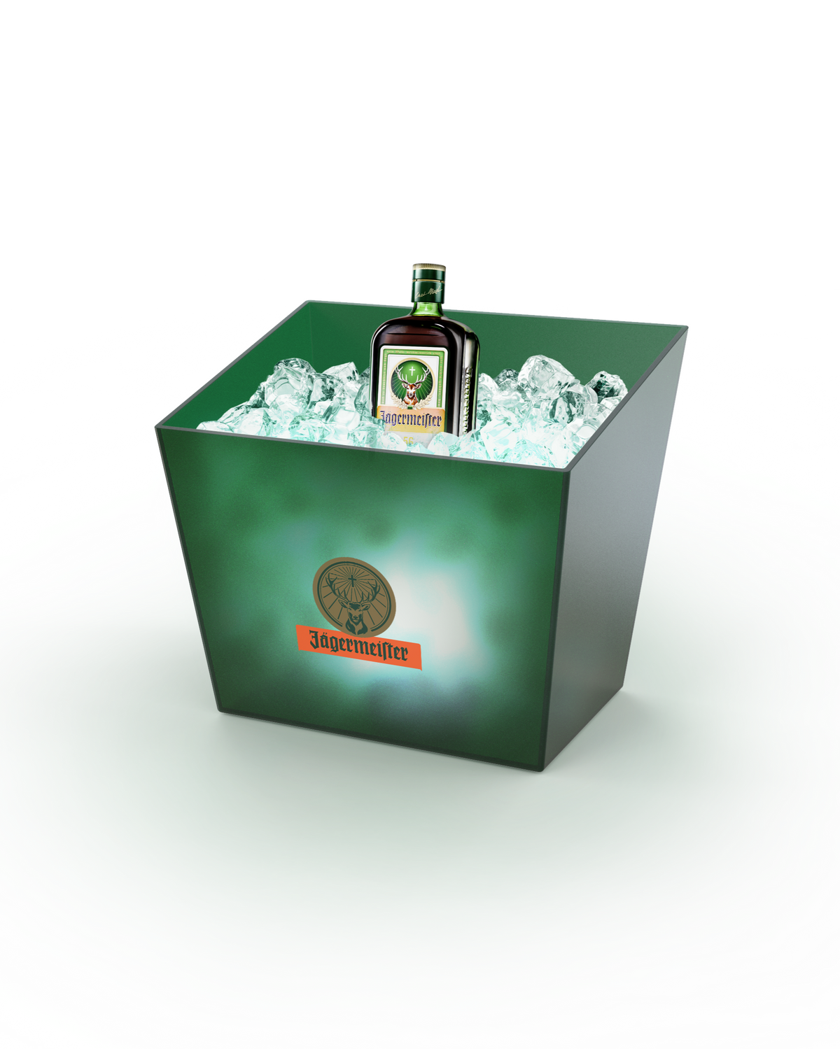 Secchiello del ghiaccio verde con bottiglia Jägermeister e cubetti di ghiaccio 