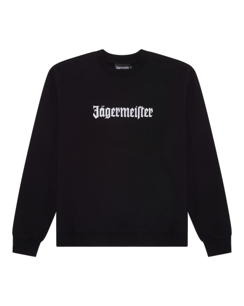 Black sweatshirt with white 'Jägermeister' wordmark