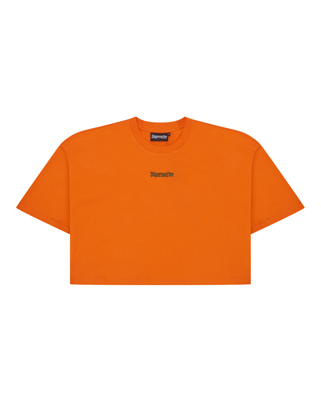 Cropped tee arancione Jägermeister con logo verde del brand.