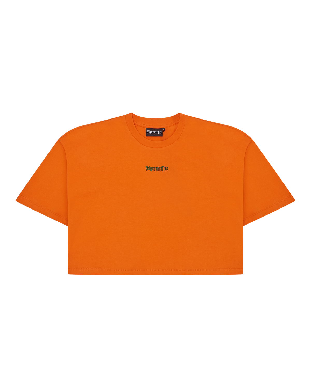 Cropped tee arancione Jägermeister con logo verde del brand.