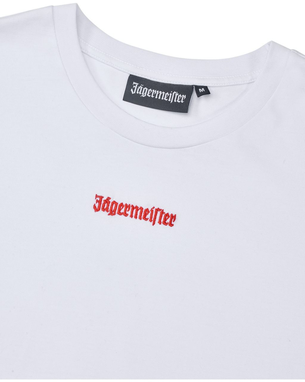 Cropped tee bianca con logo arancione Jägermeister.