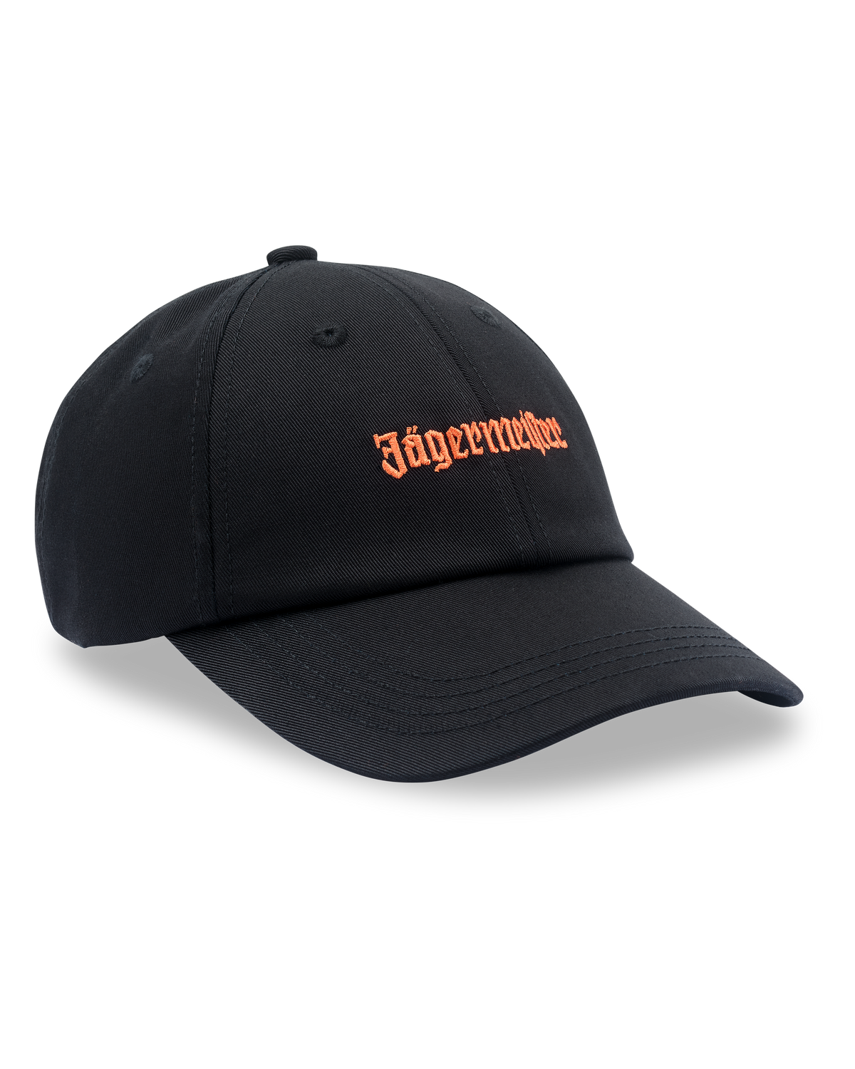 Black Jägermeister dad cap with the orange Jägermeister wordmark on the front.