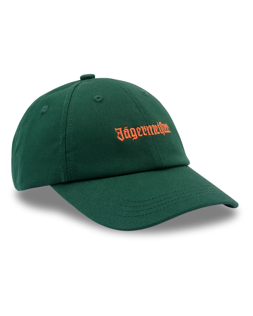Dad cap verde Jägermeister con logo wordmark arancione Jägermeister sul davanti.