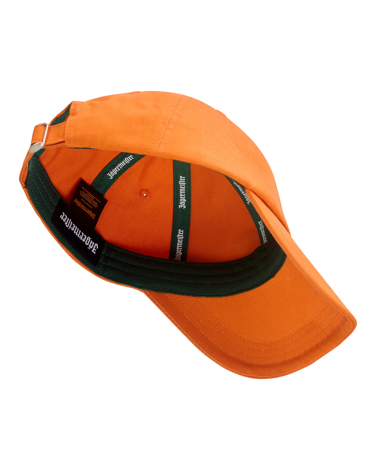 Berretto da baseball arancione Jägermeister con visiera verde.