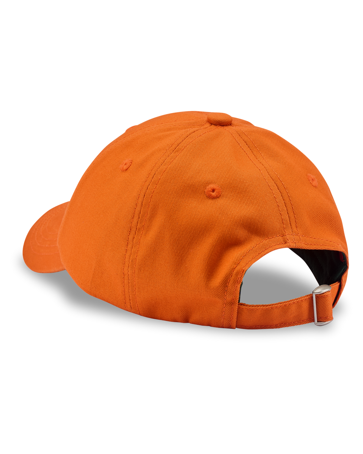 Berretto da baseball arancione Jägermeister di lato, senza alcun logo visibile.