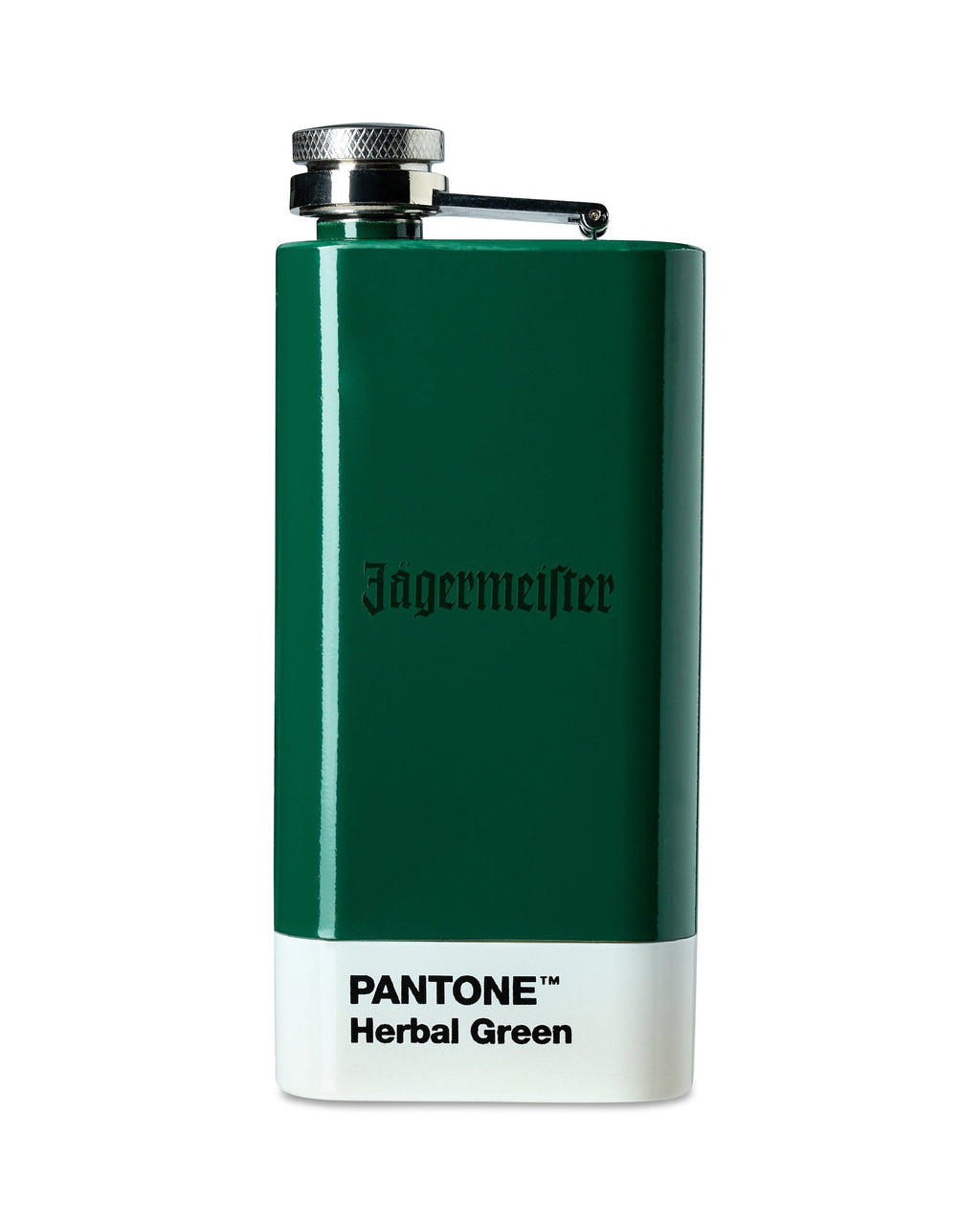 Fiaschetta verde con testo 'Jägermeifter' e 'Pantone Herbal Green' su sfondo bianco