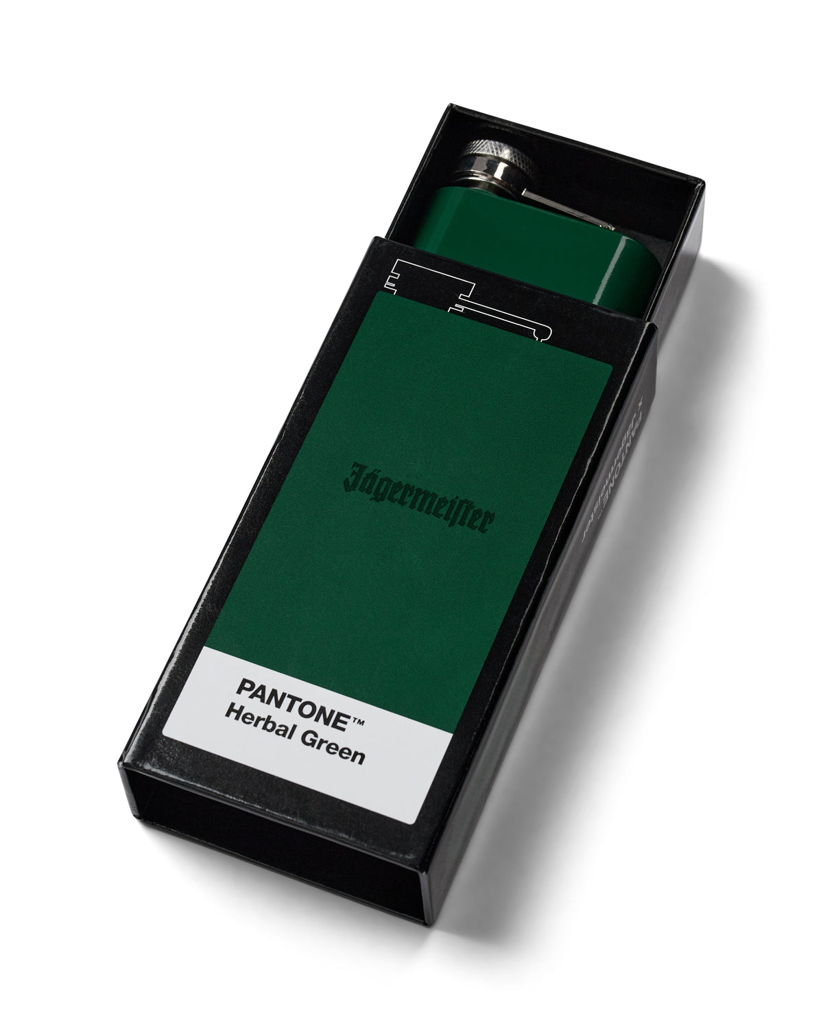 Green flask with 'Jägermeister' branding in a black box labeled 'Pantone Herbal Green'.