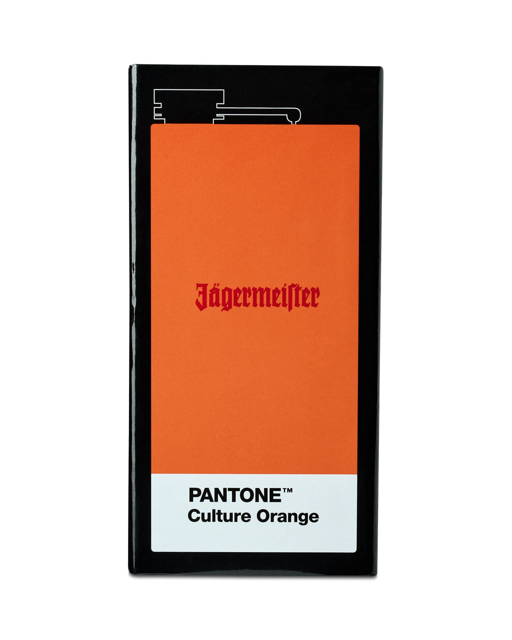 Scatola per hipflask Jägermeister con etichetta 'PANTONE Culture Orange' su sfondo bianco