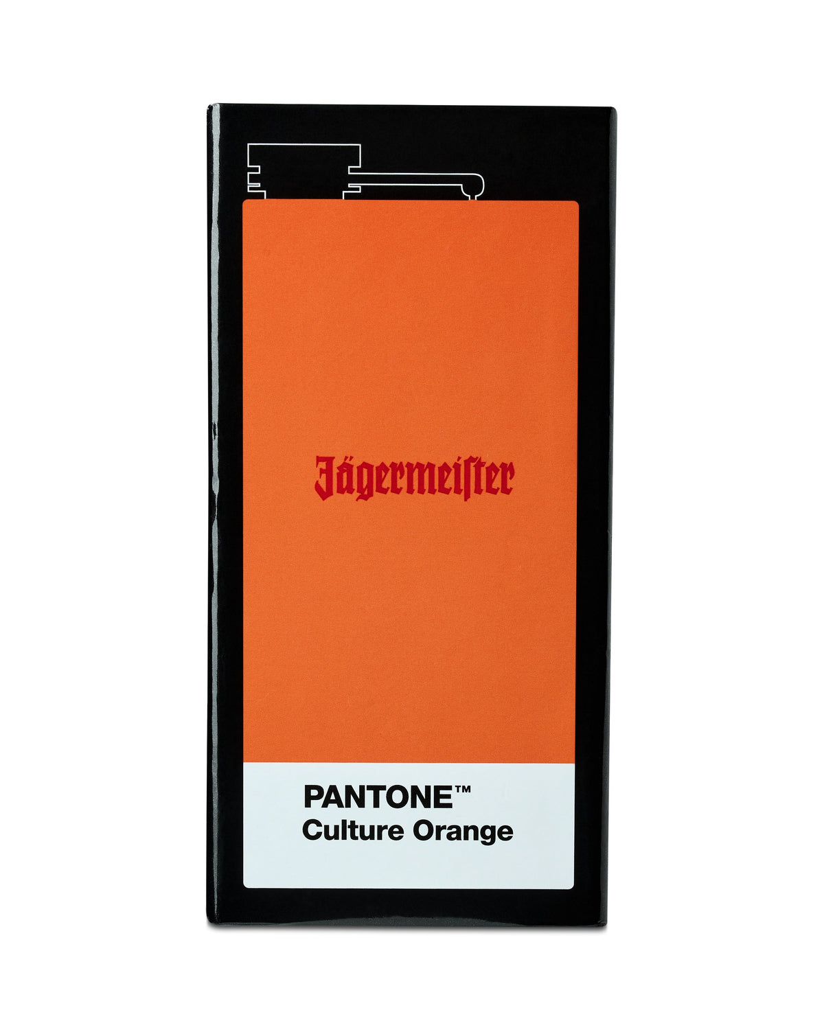 Scatola per hipflask Jägermeister con etichetta 'PANTONE Culture Orange' su sfondo bianco