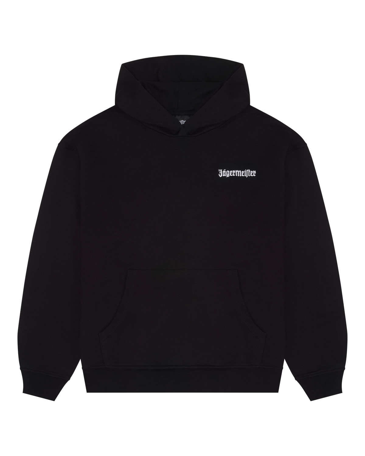 Black Jägermeister hoodie with a small white Jägermeister wordmark on the chest.
