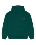 Felpa con cappuccio verde con logo del brand arancione sul petto.