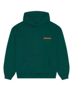 Felpa con cappuccio verde con logo del brand arancione sul petto.
