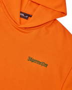 Felpa con cappuccio arancione con wordmark Jägermeister verde sul petto.