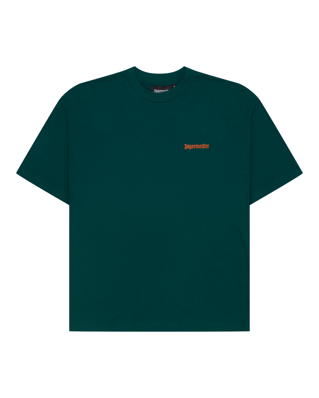 T-shirt verde Jägermeister con un piccolo wordmark verde Jägermeister sul petto.