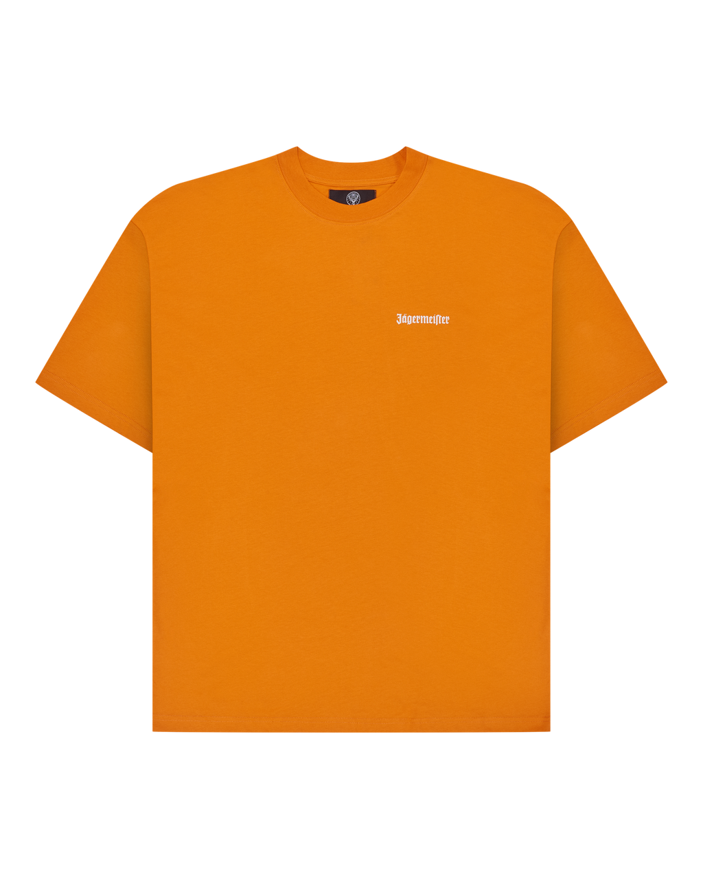 T-shirt arancione Jägermeister con wordmark Jägermeister bianco sul petto.