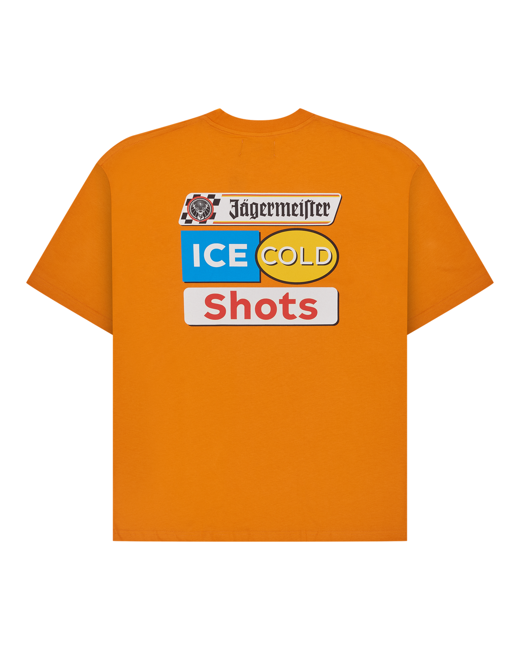 T-shirt arancione con branding Jägermeister 'Ice Cold Shot' sul retro della maglietta.