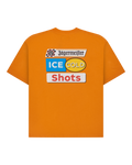 T-shirt arancione con branding Jägermeister 'Ice Cold Shot' sul retro della maglietta.