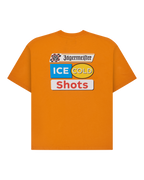 T-shirt arancione con branding Jägermeister 'Ice Cold Shot' sul retro della maglietta.