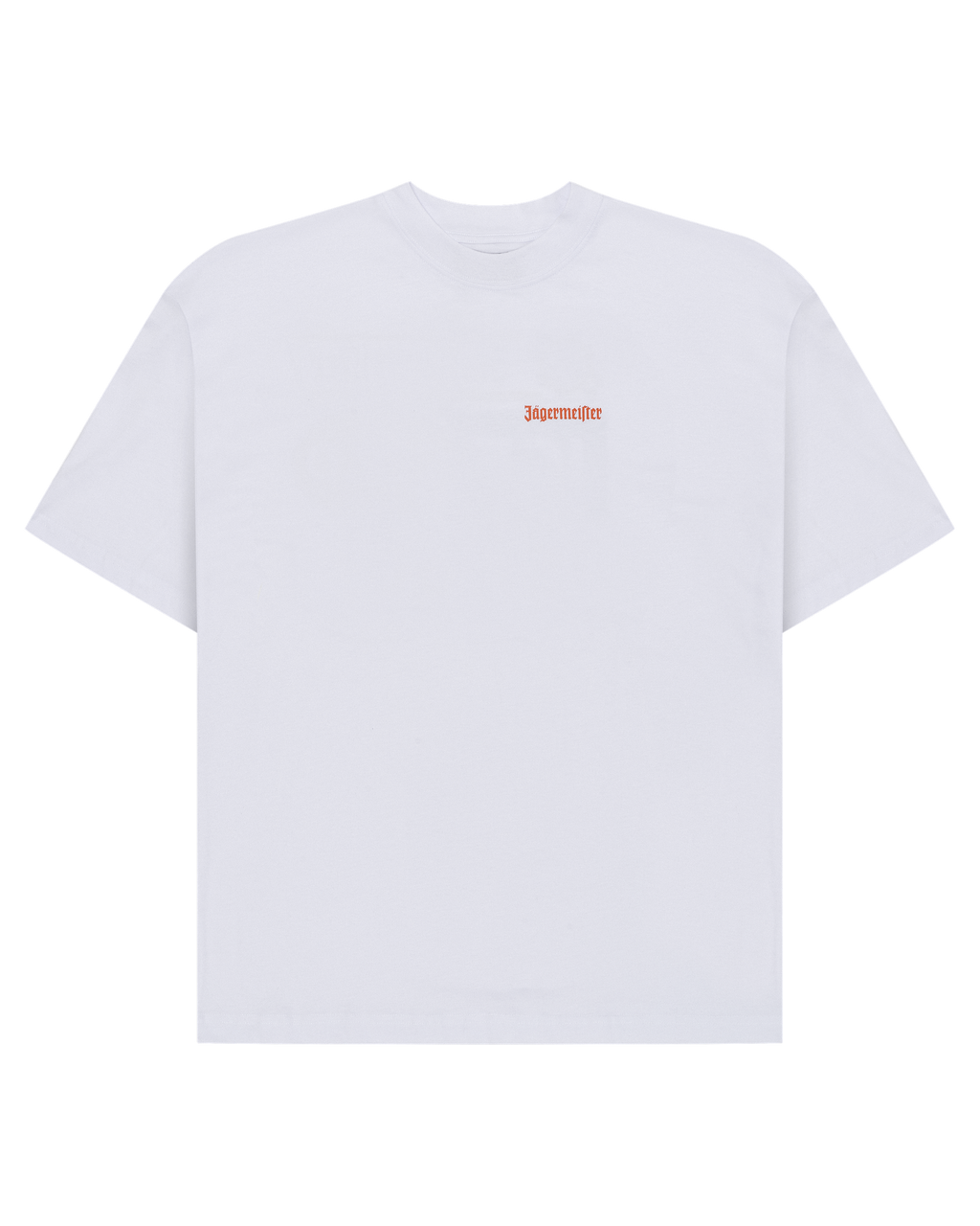 T-shirt bianca Jägermeister con logo wordmark arancione sul petto.