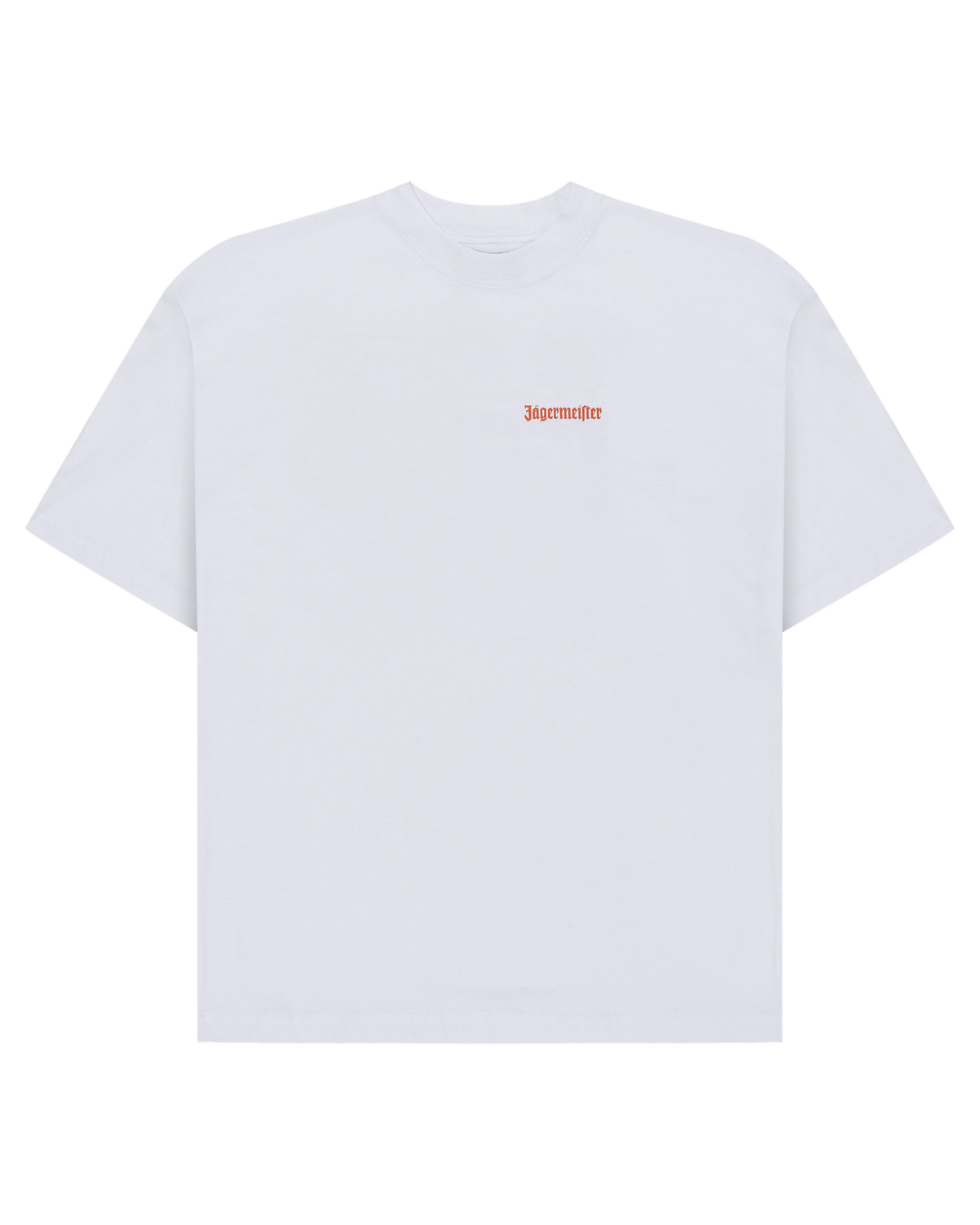 T-shirt bianca Jägermeister con logo wordmark arancione sul petto.