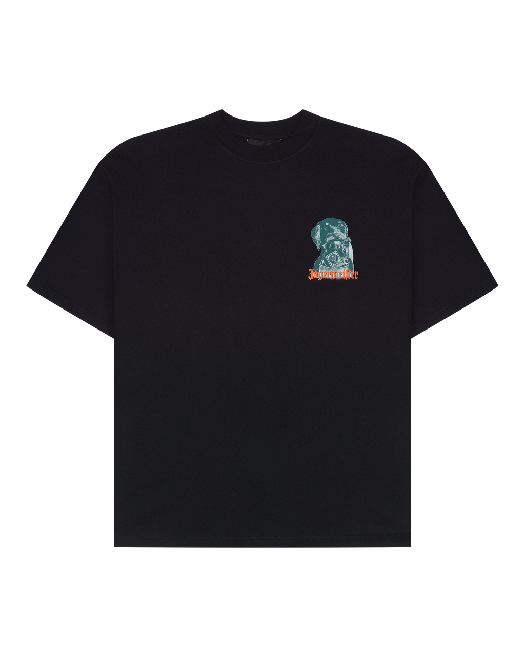 T-shirt nera con la grafica Jägermeister Waldi sul petto.