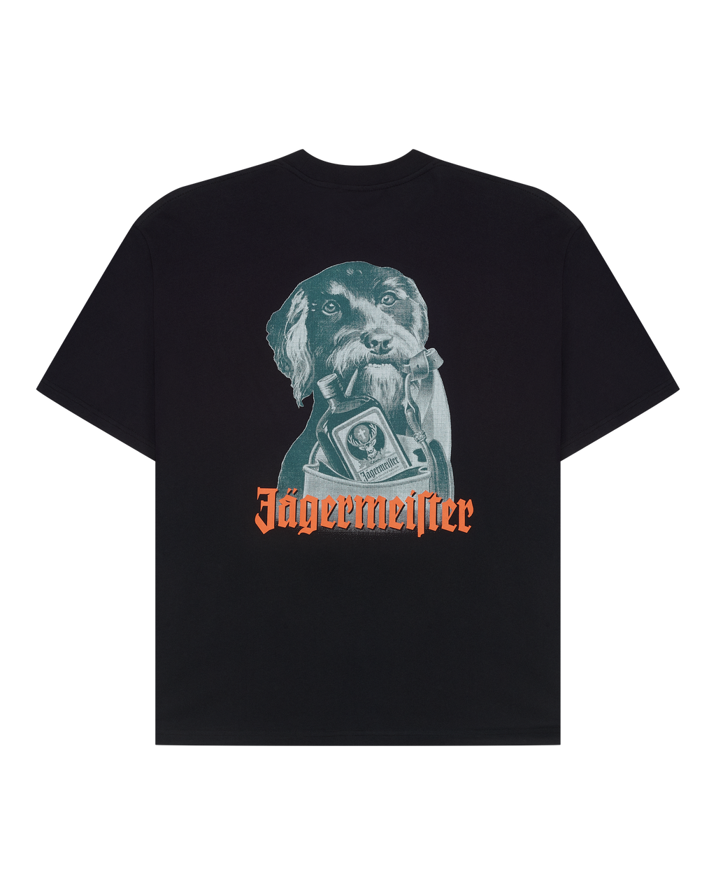 T-shirt nera con grafica di un cane e wordmark 'Jägermeister'.