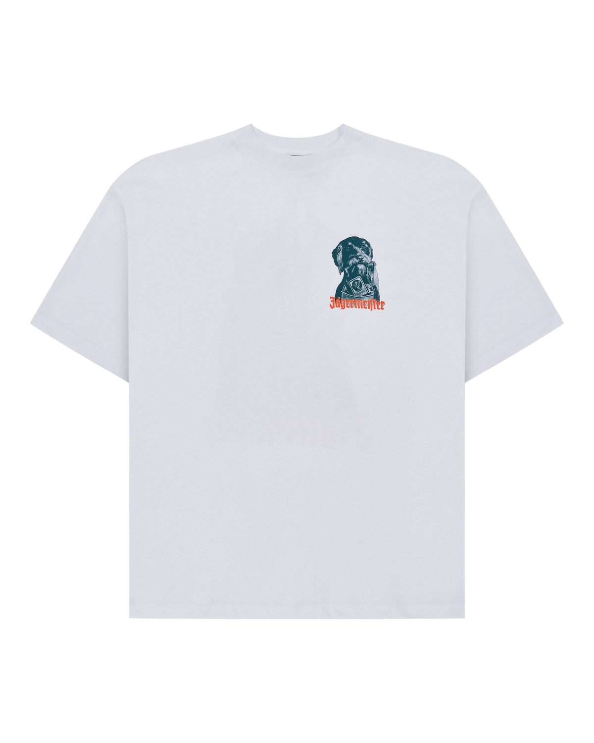 White t-shirt with a graphic design on the chest against a white background