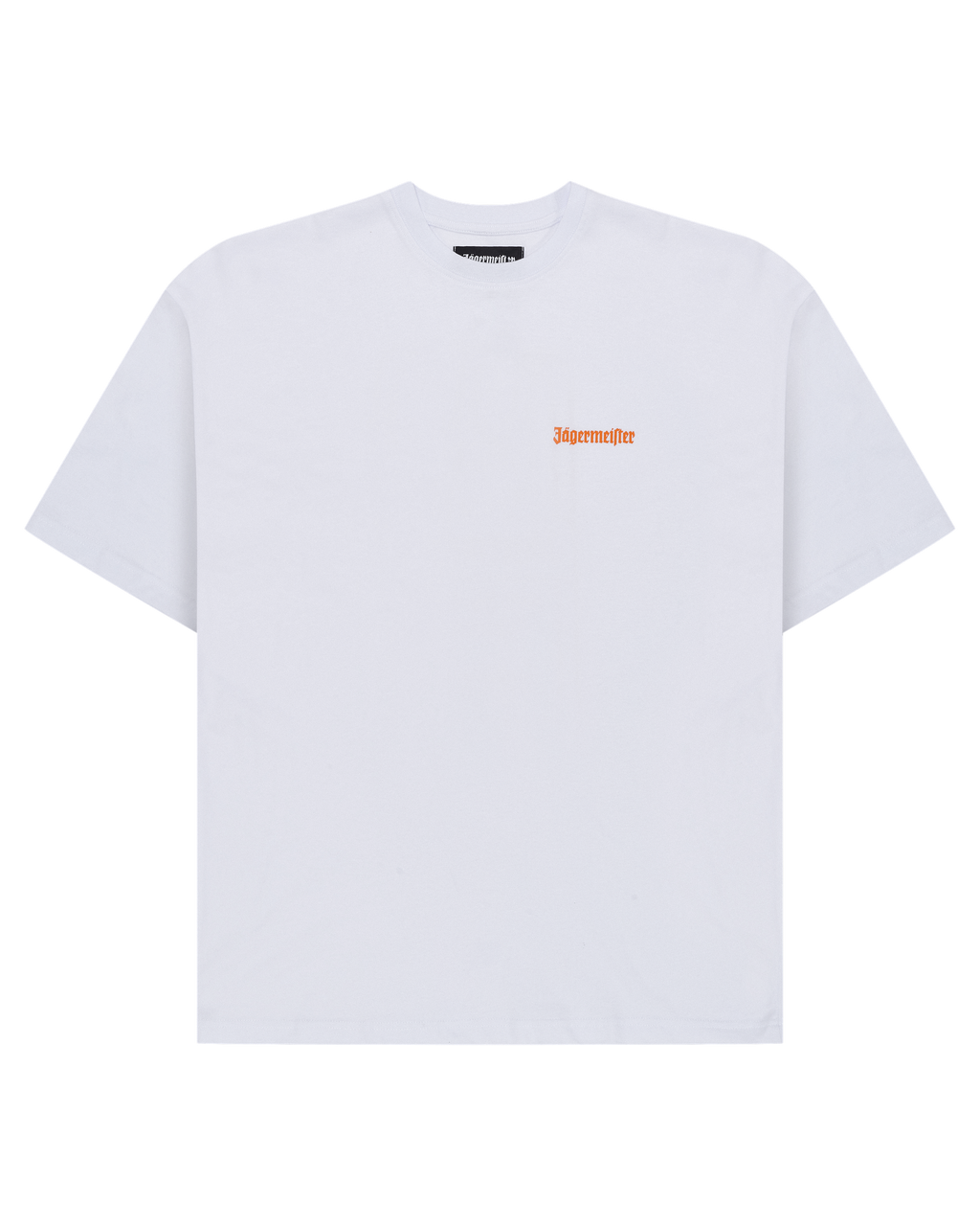 T-shirt bianca con logo Jägermeister arancione sul petto.