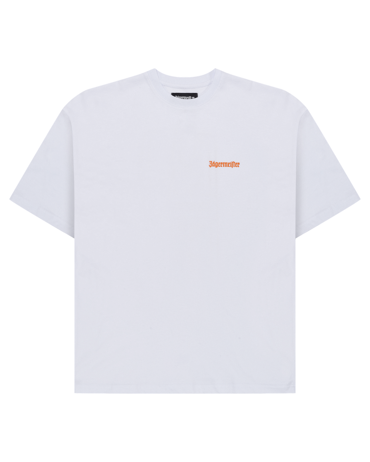T-shirt bianca con logo Jägermeister arancione sul petto.