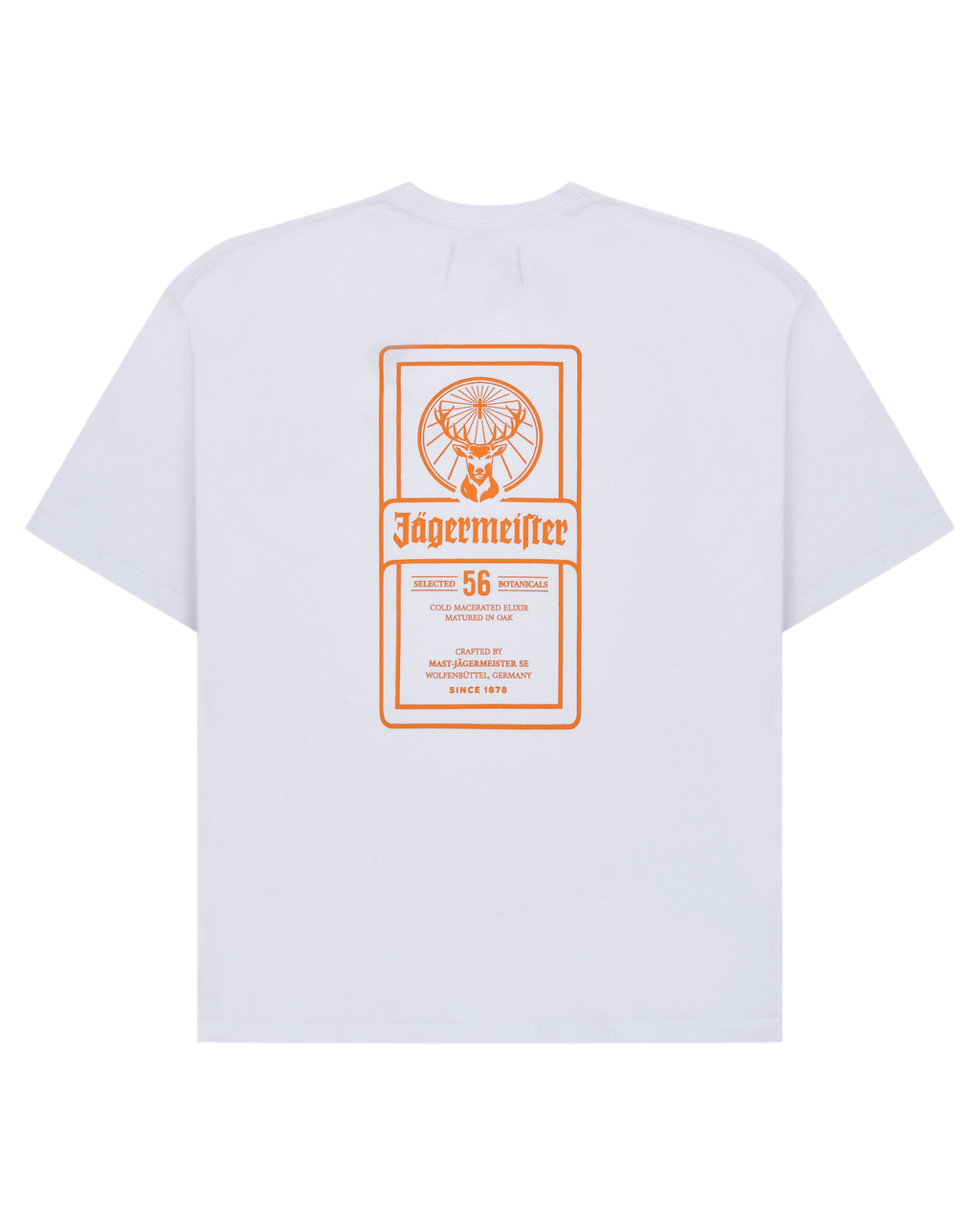 T-shirt bianca con stampa grafica ispirata all’etichetta Jägermeister
