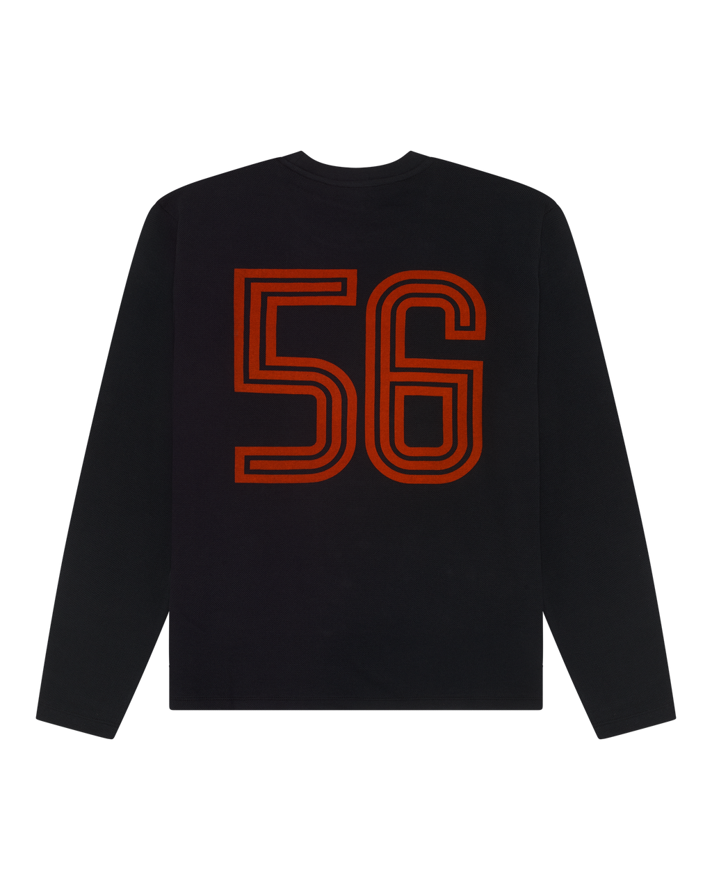 Maglia nera a maniche lunghe Jägermeister con numero 56 arancione.