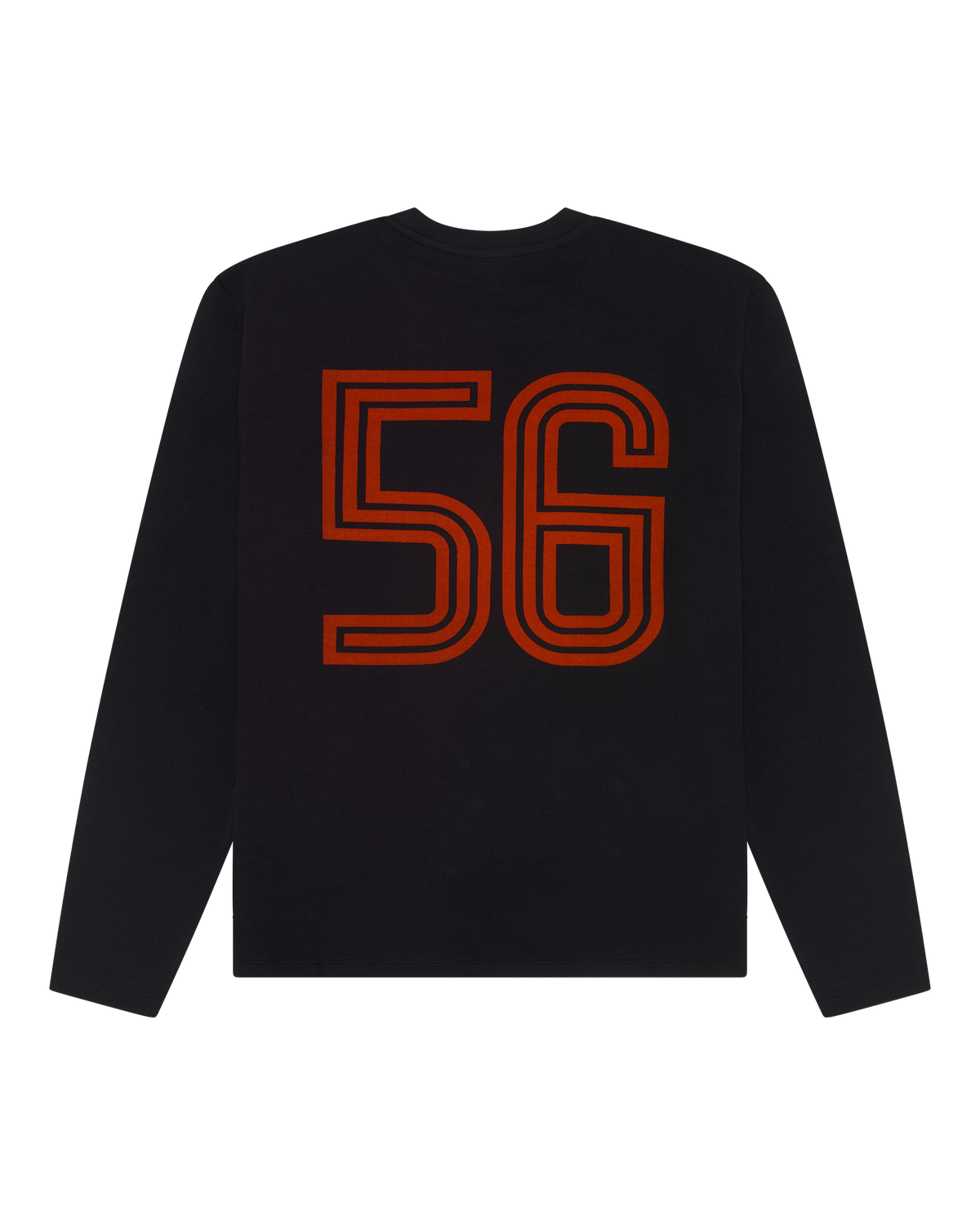 Maglia nera a maniche lunghe Jägermeister con numero 56 arancione.