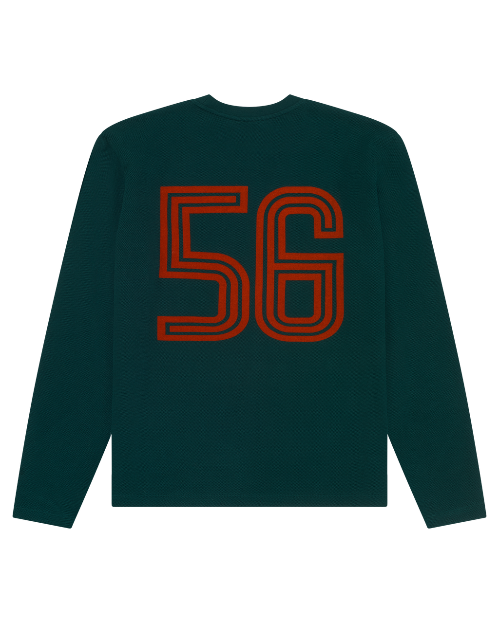 Maglia a maniche lunghe verde Jägermeister con numero 56 arancione sul retro.