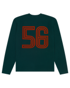 Maglia a maniche lunghe verde Jägermeister con numero 56 arancione sul retro.
