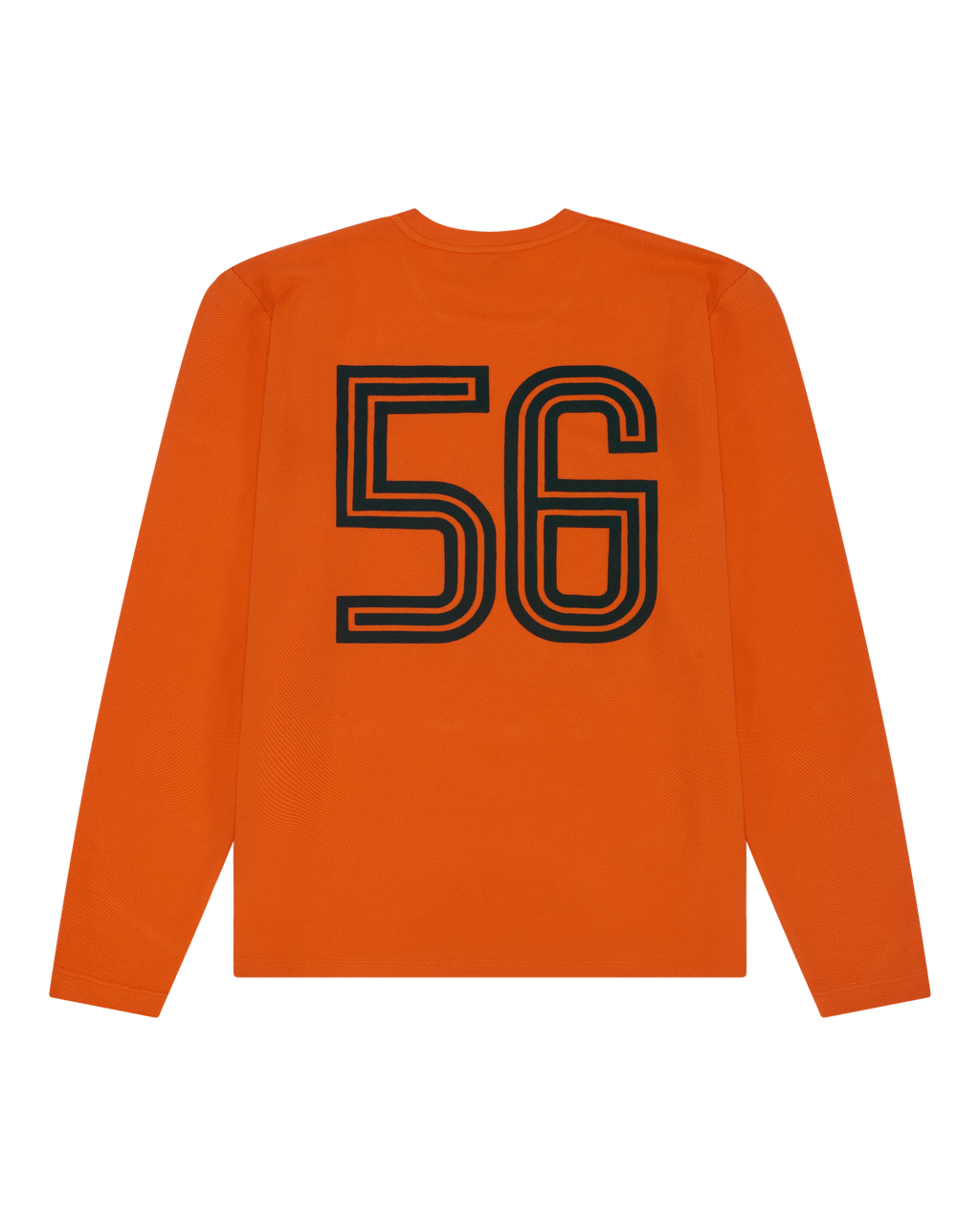 Maglia a maniche lunghe arancione Jägermeister con numero 56 nero sul retro.