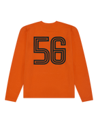 Maglia a maniche lunghe arancione Jägermeister con numero 56 nero sul retro.