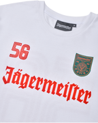 Maglia bianca a maniche lunghe con branding Jägermeister, inclusi numeri e logo.