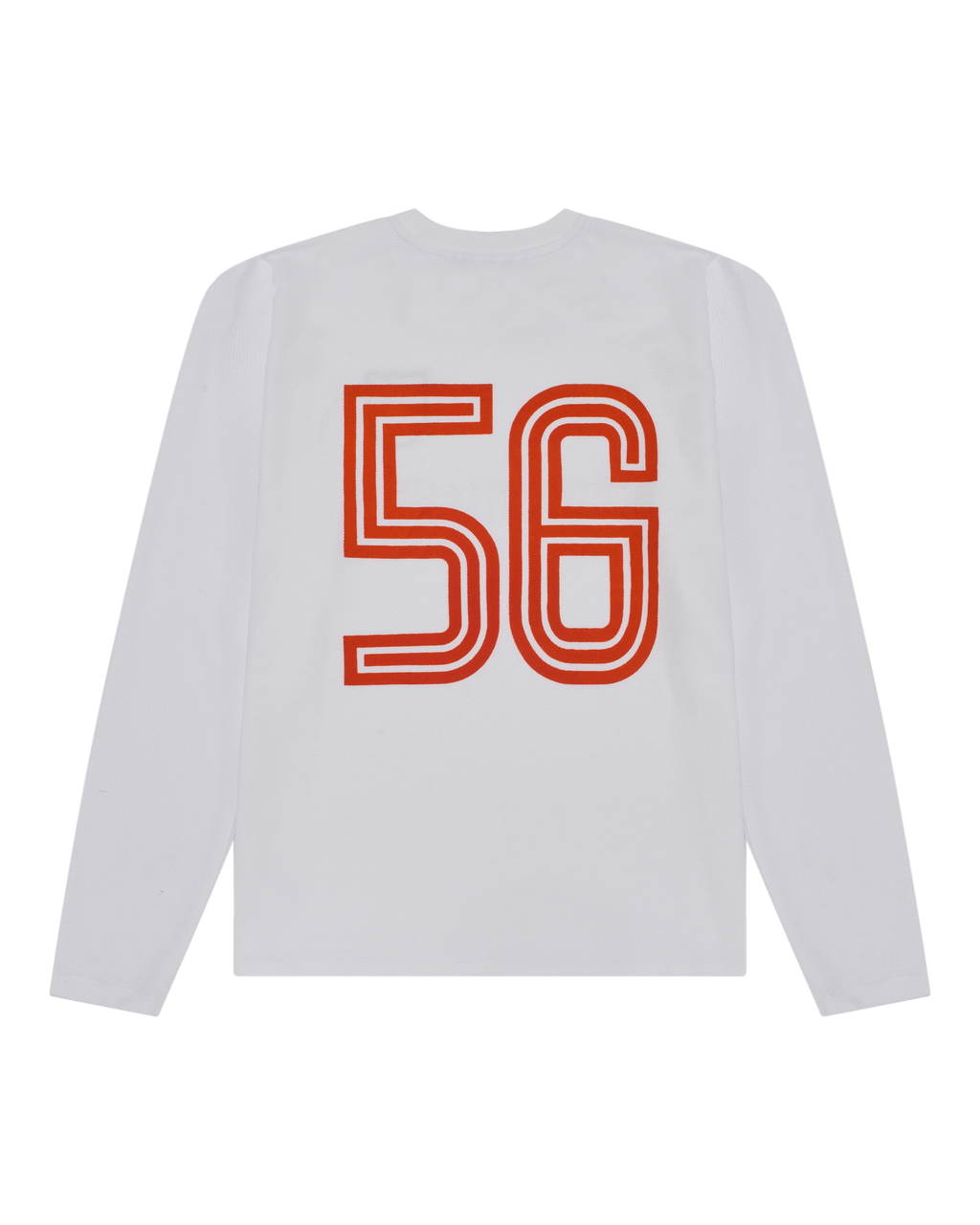 Maglia bianca a maniche lunghe Jägermeister con stampa '56' arancione.