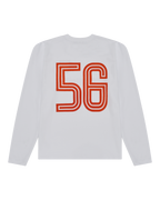 Maglia bianca a maniche lunghe Jägermeister con stampa '56' arancione.