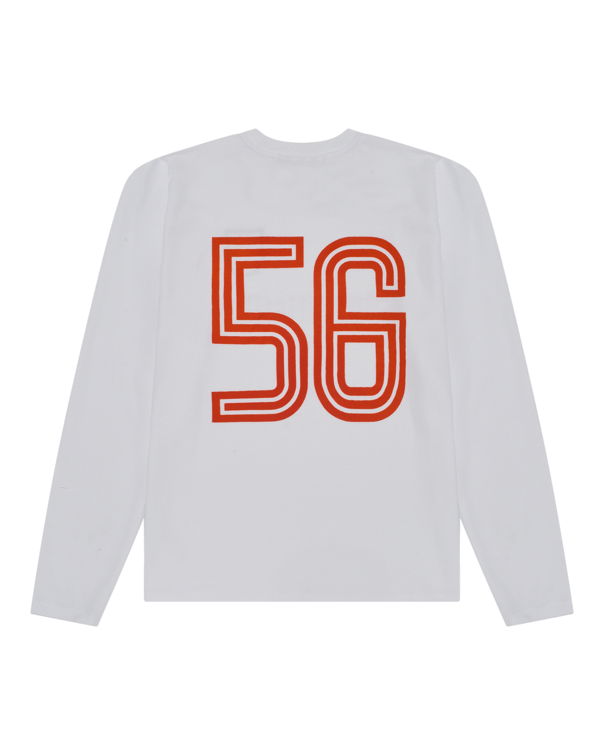 Maglia bianca a maniche lunghe Jägermeister con stampa '56' arancione.