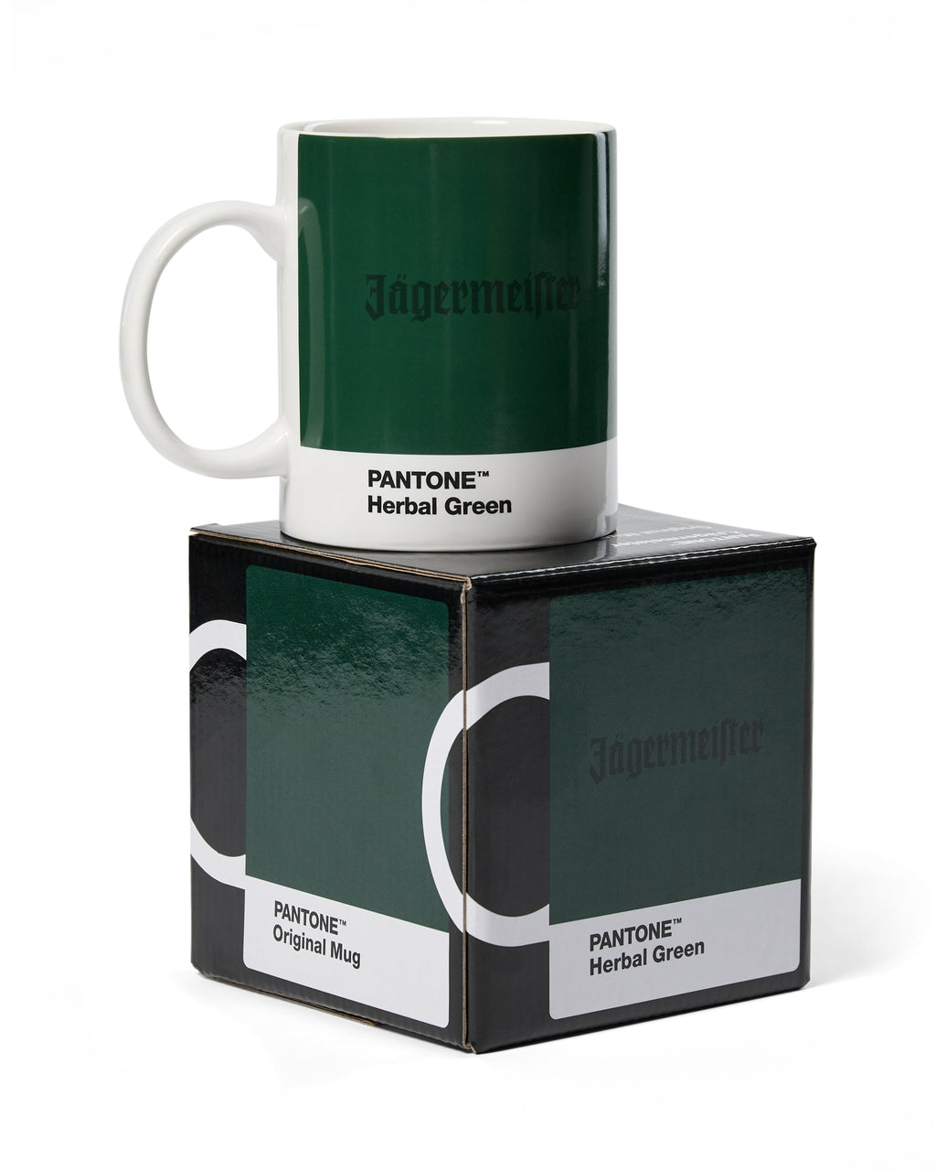 Tazza verde con branding 'Jägermeister' su una scatola coordinata