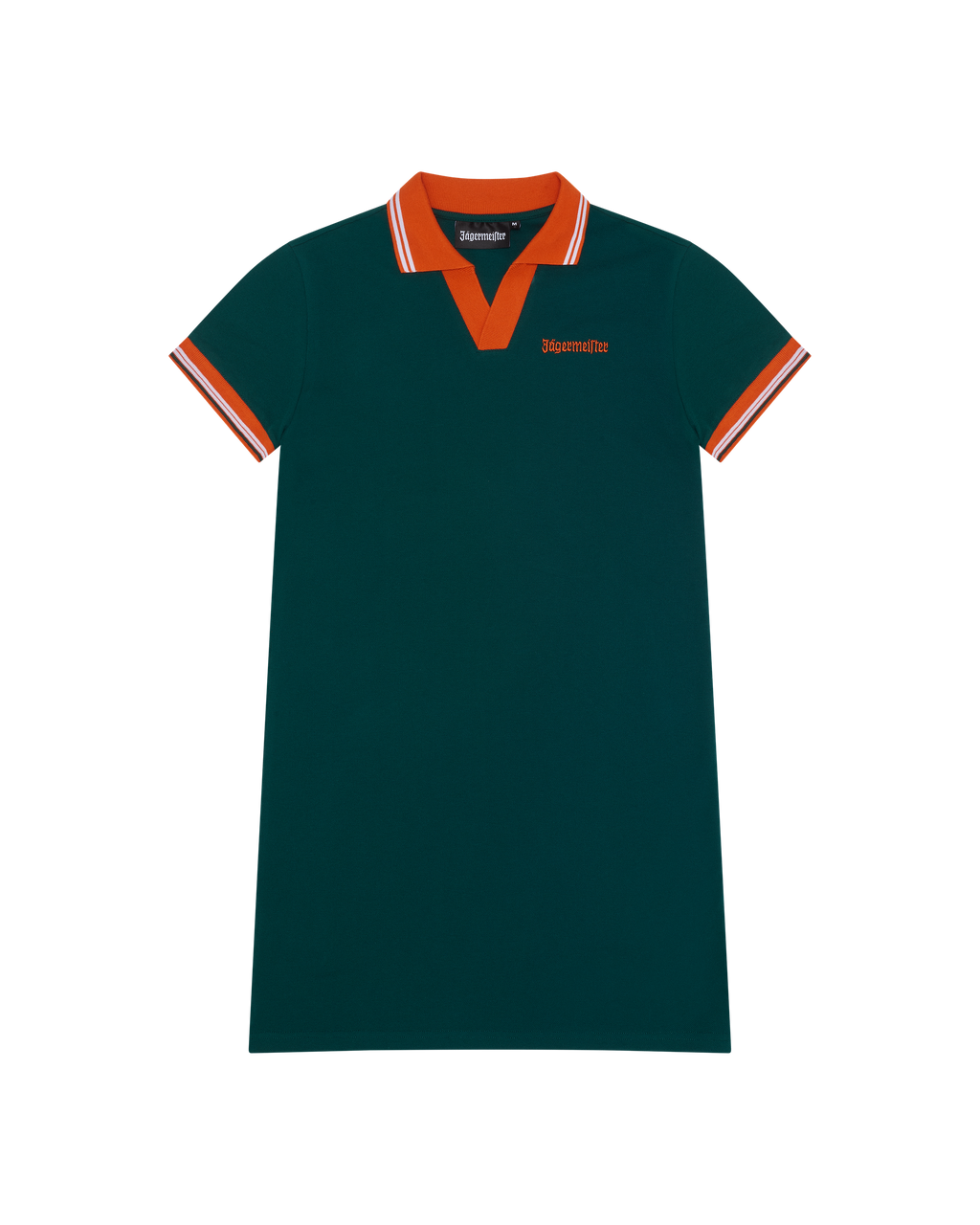 Abito polo verde con rifiniture arancioni e wordmark Jägermeister sul petto