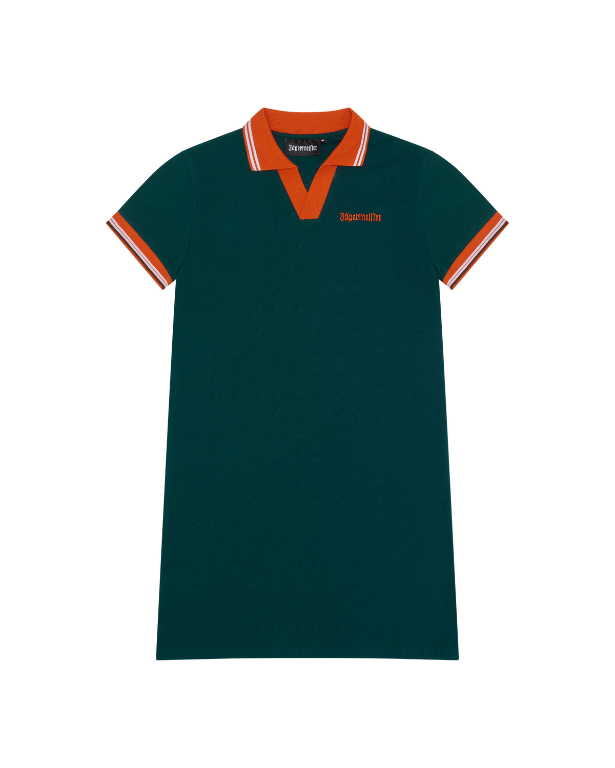 Abito polo verde con rifiniture arancioni e wordmark Jägermeister sul petto