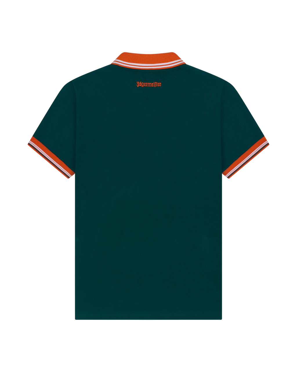 Polo verde Jägermeister con rifiniture arancioni.