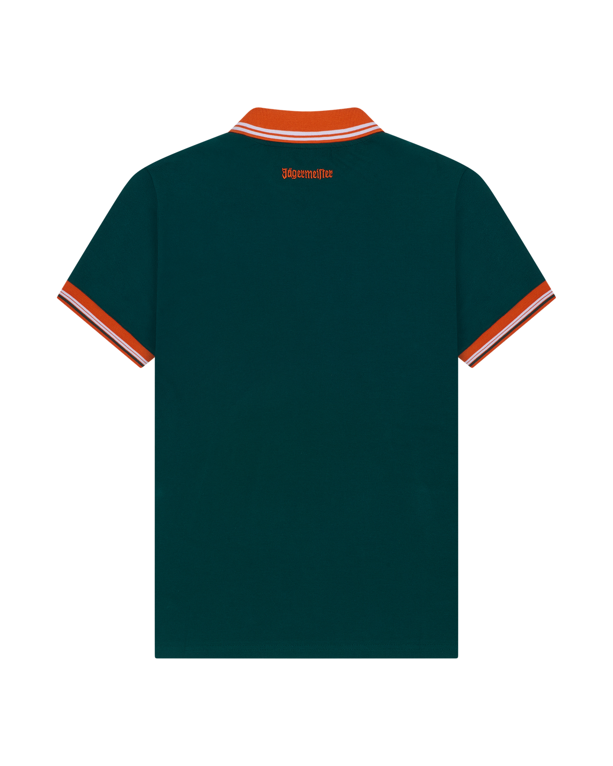 Green Jägermeister polo shirt with orange trim.