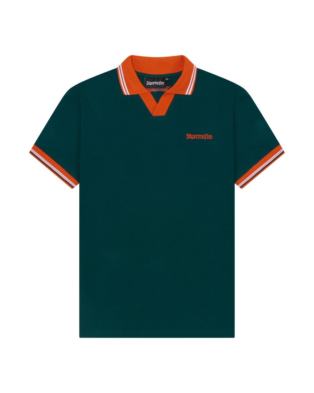 Polo verde Jägermeister con accenti arancioni.