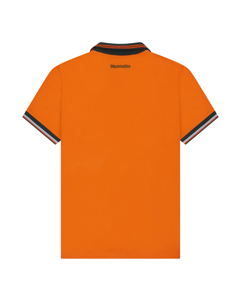 Polo arancione Jägermeister vista da dietro con rifiniture bianche e arancioni.