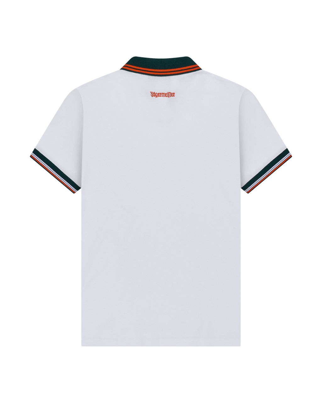 Polo bianca Jägermeister vista da dietro con rifiniture verdi e arancioni.